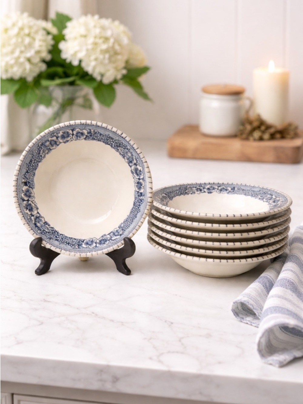 Vintage Royal China Pilgrim Bowls Set of 7 Blue White Floral Cottagecore